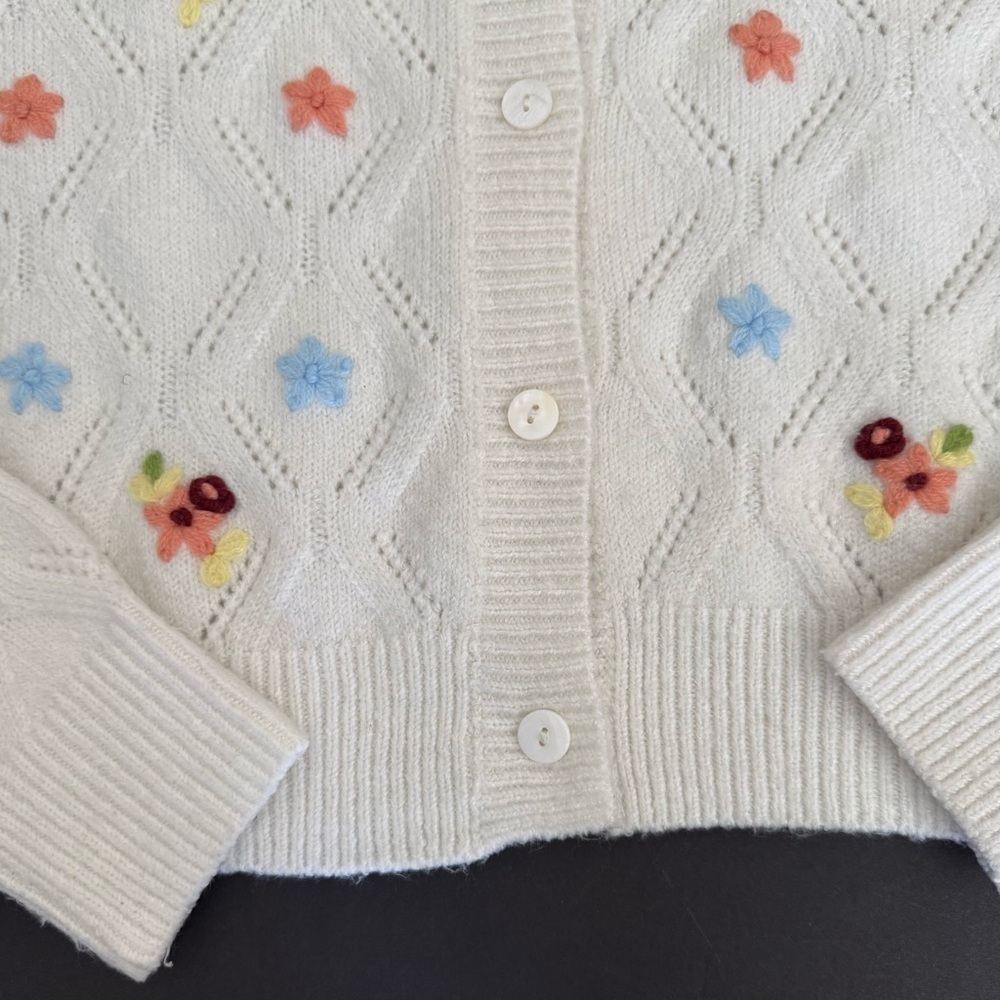 English Factory Floral Handmade Embroidery floral knit Cardigan pointelle - Picture 10 of 10